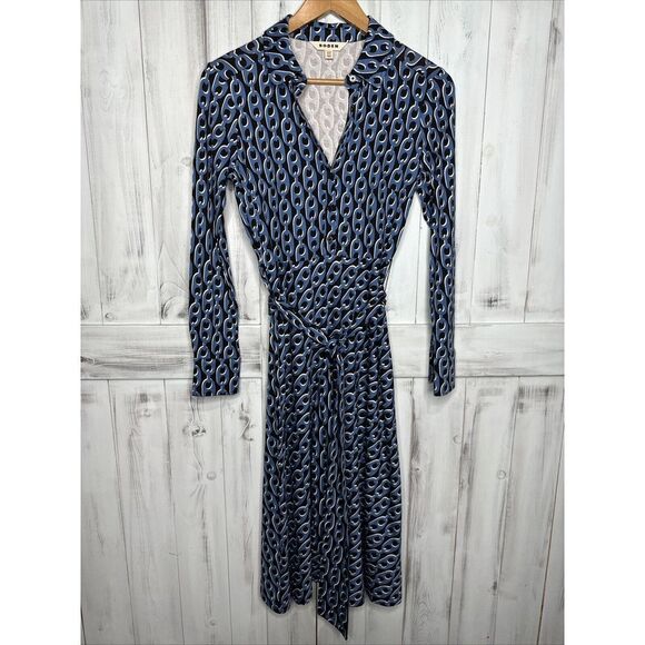 Boden Dresses & Skirts - Boden Laura Shirt Dress 4P Petite Tencel Jersey Azure Blue Geo Chain Midi Belted